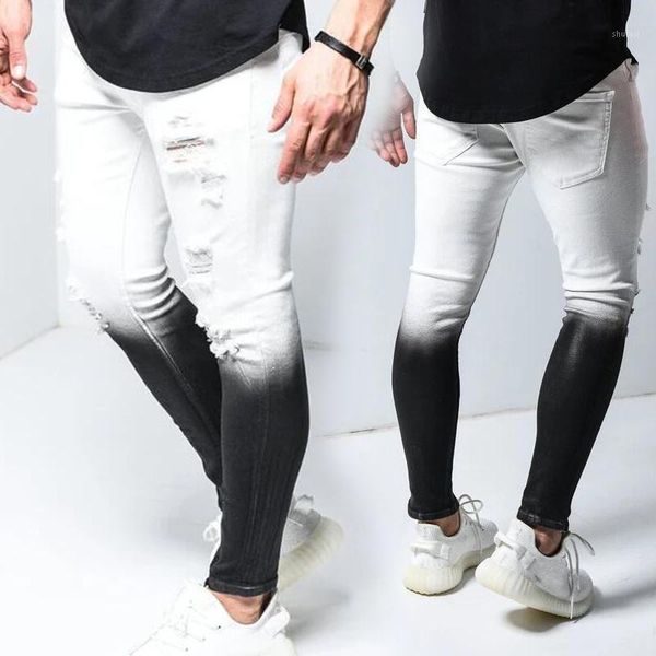 

men cool pants ripped elastic tight-fitting discoloration small feet zipper ripped casual jeans denim holes gradually1, Blue