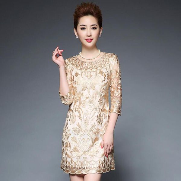 

casual dresses spring elegant dress women seven-point sleeve net yarn embroidery slim lady occasion size -5xl, Black;gray