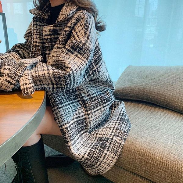 

new style coat women fashion i autumn winter loose plaid medium long woolen coat soft wind tweed, Black