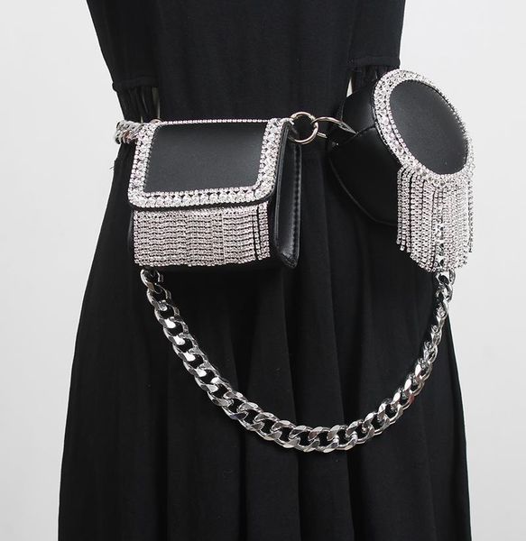 

waist bags [ewq] 2021 famale fashion patchwork pu leather diamond beading black small round square bag long chain criss-cross 8y4241