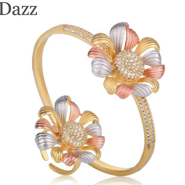 

dazz последние изысканные три тона цвета подсолнечника формы браслет кольцо набор инкрустации zircon медный ювелирные изделия для женских ба, Silver