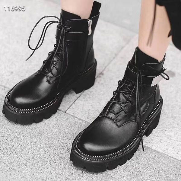 

new buckle strap motorcycle ankle booties real leather patchwork metal beads decor lacing zip short boots round toe thick bottom, Black