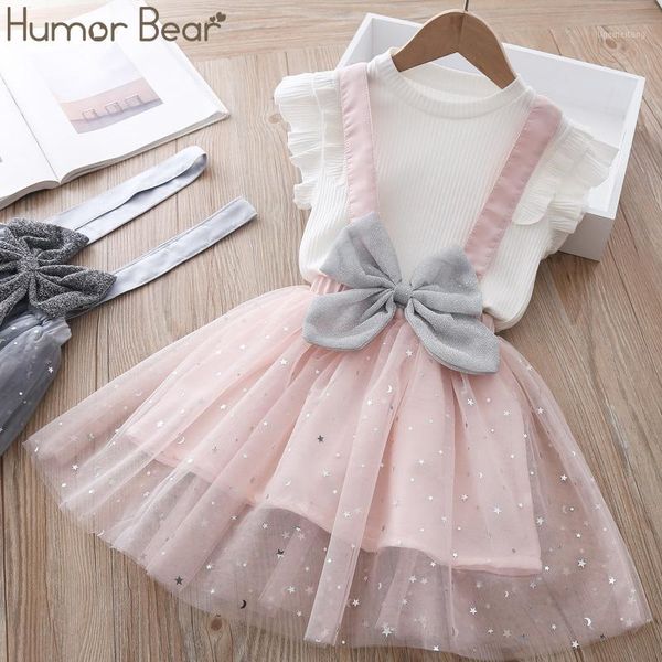 

humor bear baby girls clothing set summer korean flying sleeve t-shirt+suspender skirt bow kids 2pcs suit toddler girl clothes1, White