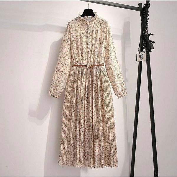 

2021 spring pleated chiffon floral midi dress round neck waist belt long sleeve vetement femme fashionable women's clothing y0118, Black;gray