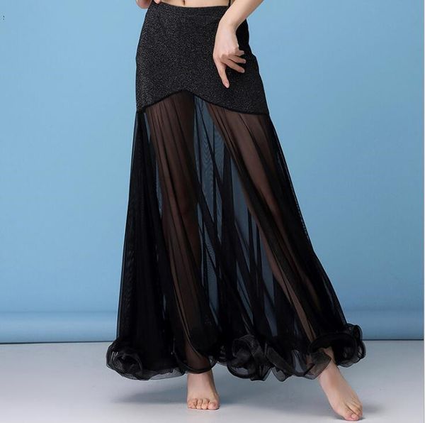 

korea silver mesh belly dance skirt women belly dancing costume outfit tribal maxi full skirts solid color skirt black xl, Black;red