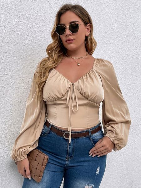 

plus sweetheart neck knot front lantern sleeve crop blouse c72p#, Black