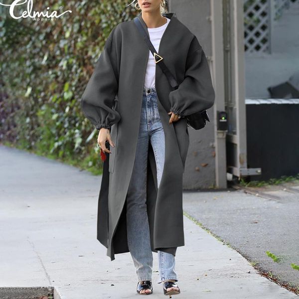 

celmia 5xl loose long woolen coat 2021 winter women korean big pockets overcoats casual loose solid cardigan wool outwear belted, Black