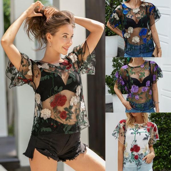 

2020 new fashion women blouses floral printed embroidery shorts sleeve round neck sheer mesh blouse camisetas mujer#0522g301, White