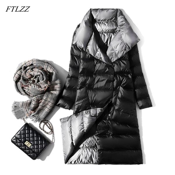 

ftlzz ultra light long jacket women winter double sided slim white duck down coat single breasted turtleneck warm parkas 201210, Black