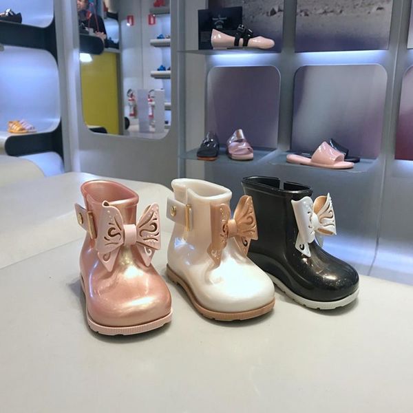 

new mini melissa girls bowknot rubber rainboots waterproof children rain boots pvc candy princess shoe spring winter sh19095, Black;grey
