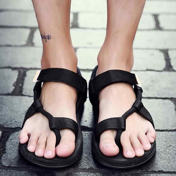 

mens sandals summer beach sandalias hook&loop casual flat shoes sandali for man male sandalen sandalia hombre buty meskie 20201, Black