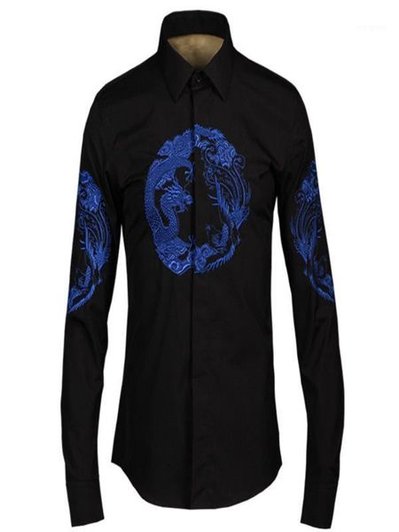 

plus size dragon embroidery men dress shirt autumn spring korean slim business cotton casual shirt camisa masculina1, White;black