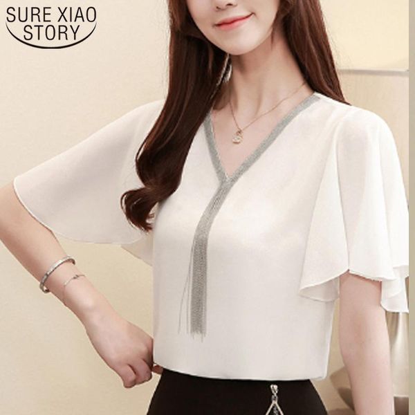 

blusas plus size casual womens and blouses v-neck chiffon blouse solid short sleeve elegant women shirt lady clothing 3897, White