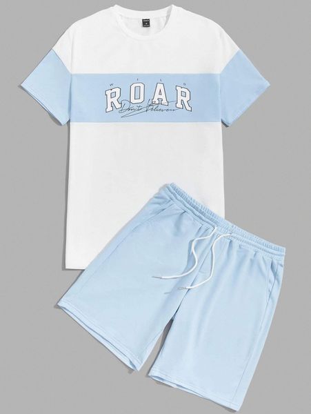 

men colorblock letter graphic tee & track shorts 488j#, Gray