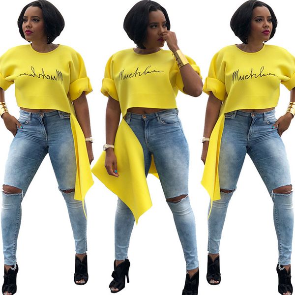 

fashion irregular roll sleeve letter pullover t-shirt short sleeve t-shirt women woman t-shirt summer, White