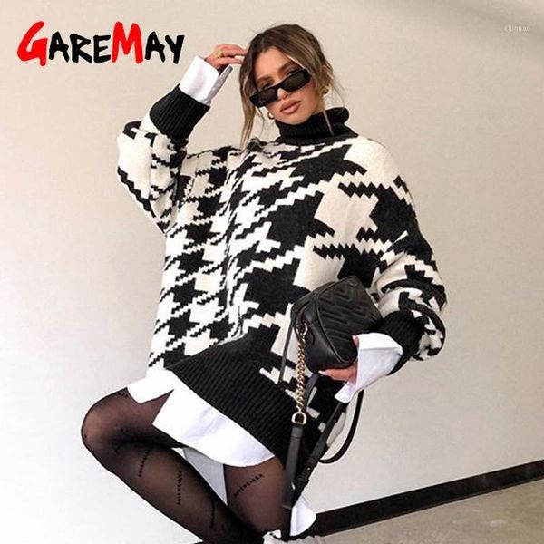 

women's oversize sweater long sweater loose casual knit long sleeve female 2020 autumn winter plaid women knitted1, White;black