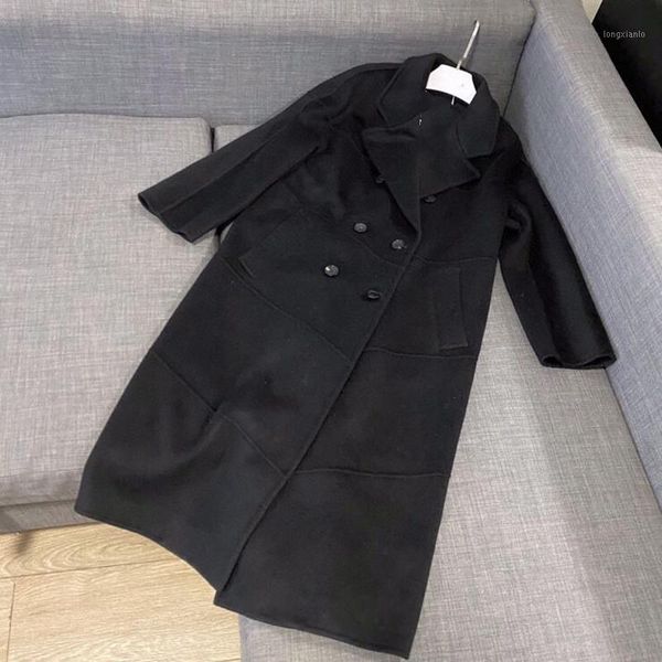 

winter cashmere long blend female outwear elegant 2020 side split lace-up ladies jacket casual oversized wool coats women1, Black
