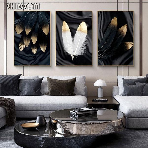 

paintings black white golden feather wall poster nordic abstract canvas print painting scandinavian living room decoration picture