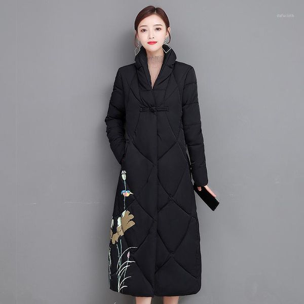 

2020 winter women long parkas thick warm jacket women's retro slim pockets outwear coat overcoat1, Black