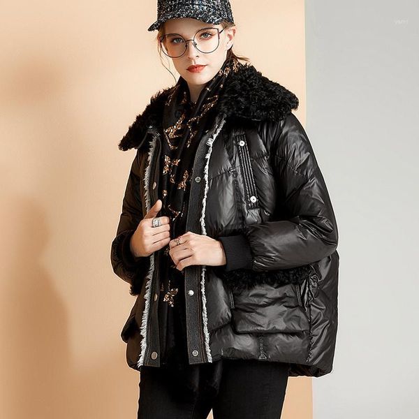 

janveny real fur collar 2020 down jacket women winter short puffer feather coat 90% white duck down parkas female snow outwear1, Black