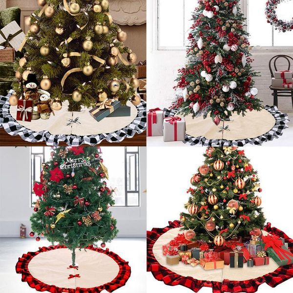 

christmas decorations vktech tree skirt cloth red, black festival floor mat cover base checked bottom apron1