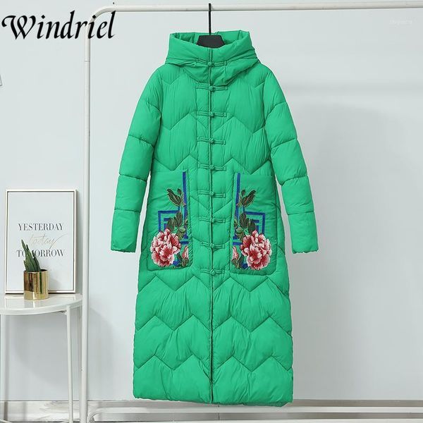 

embroidery flower long winter parkas women winter jackets big pockets padded clothing snow wear oversize wadded coat windriel1, Black