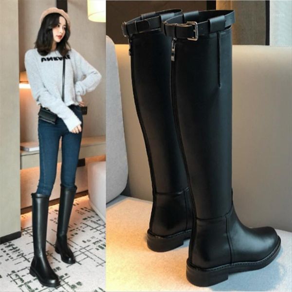 Pxelena Knight Knee High Boots Женщины Настоящая Корова Кожа Задняя Zip Riding Мотоцикл Байкер Армейский Бой Длинные Сапоги Леди Обувь 34-421