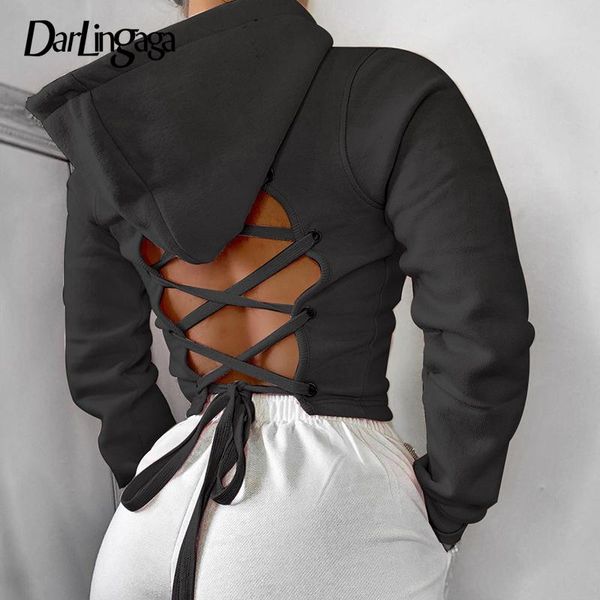 

darlingaga backless lace up black hoodies women streetwear solid autumn pullover cropped bandage hoodie kpop clothing