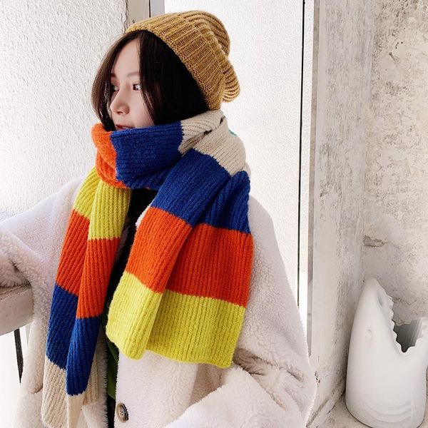 

royalmaybe лонг вязаная шерсть красочный цвет соответствующий шарф для осенью и зимой новая радуга горизонтальные полосы шарф женщины, Blue;gray