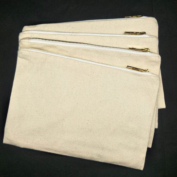 

1pc blank 12oz natural cotton canvas cosmetic bag with 5# gold metal zip plain black/white/natural cotton canvas makeup bag for diy