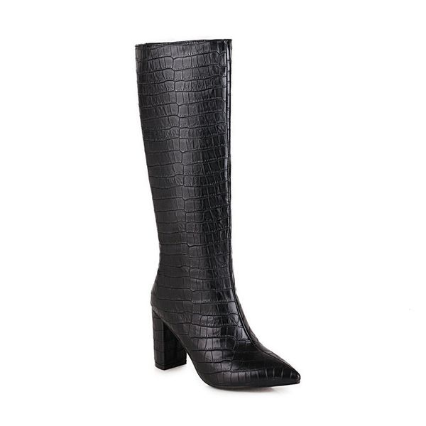 

2021 new keep warm knee autumn winter pu leather women shoes pointed toe fashion high heel woman boots size 34-43 rqnc, Black