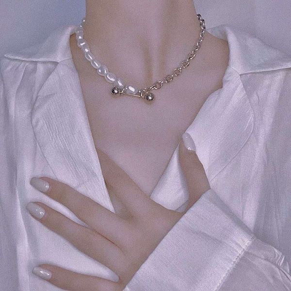 

design sense minority irregular pearl half chain half pearl necklace clavicle chain female french retro temperament trend, Silver
