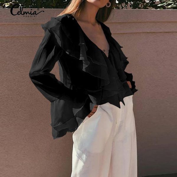 

soild color plus size long flare sleeve blouse feminine celmia women deep v-neck fashion loose blusas office shirt 5xl1, White