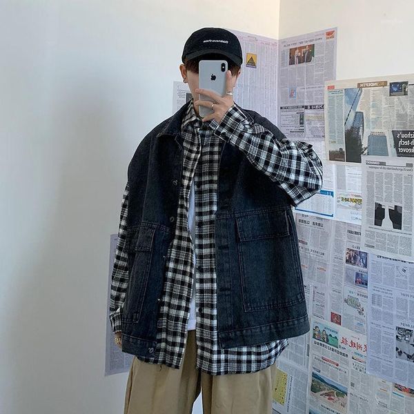 

2020 new korean version spring trend loose wild casual student japanese men's original tooling denim vest sleeveless1, Black;white