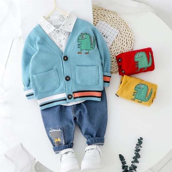 Bambino del ragazzo copre gli insiemi per la ragazza del ragazzo del bambino di nuova moda dinosauro 3 pezzi maglia cappotto camicia jeans set abbigliamento ragazzi 1 2 3 4 anno 201127