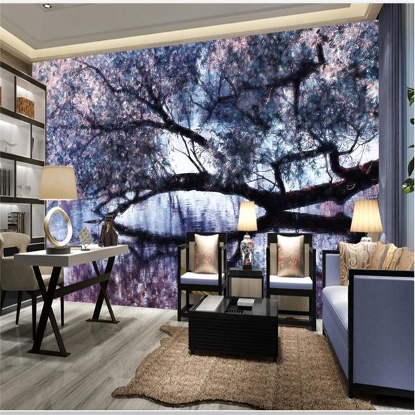 

new chinese style spring cherry tree wallpapers hand-painted background wall beautiful scenery wallpapers