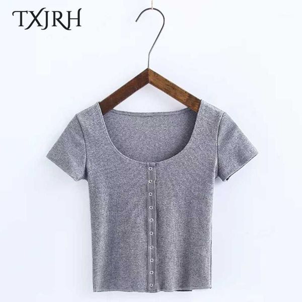 

women's t-shirt txjrh fashion thread o-neck single-breasted short sleeve women crop slim tee casual 6 candy colors1, White