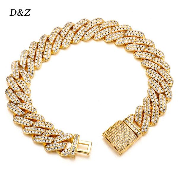 

d&z 12mm hip hop iced out bling cz men cuban link bracelet fashion 8inch long miami cuban chain bracelets male hip hop jewelry, Silver