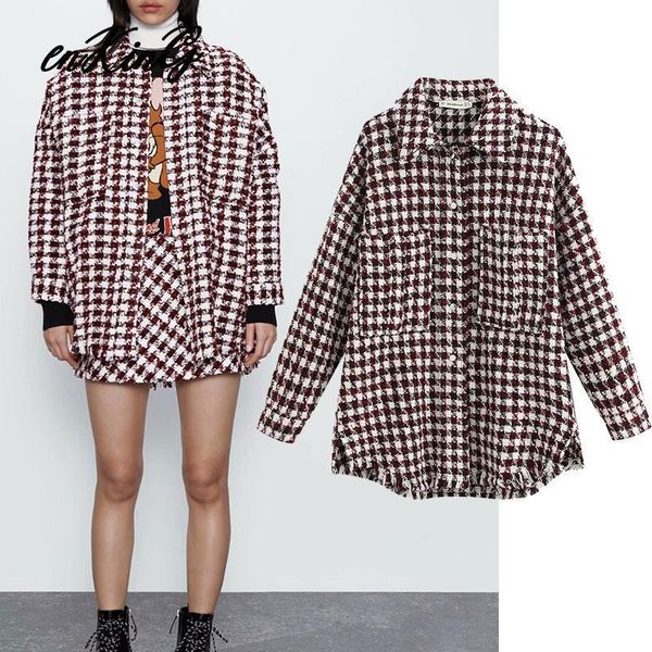 

2020 england vintage high street twill soft plaid oversize loose jacket women casaco feminino jaqueta feminina long jacket, Black;brown