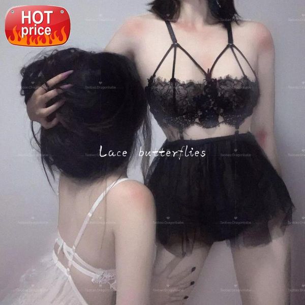 

underwear deep v night gown thong sets lace sleep wear wedding use hollow out sleeveless backless see through #tm3o, Black;white