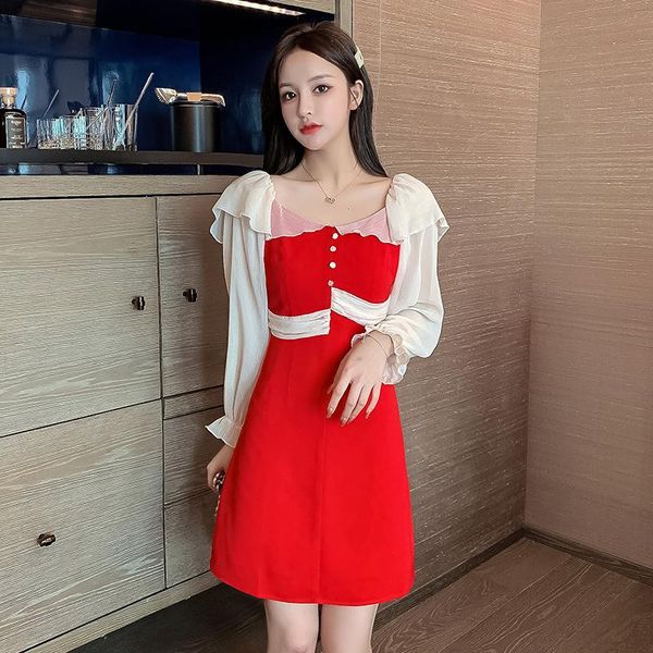 

casual korean dress long sleeve s-xl sweet hit color mini elegant dress women square collar buttons vintage ladies dresses red, Black;gray