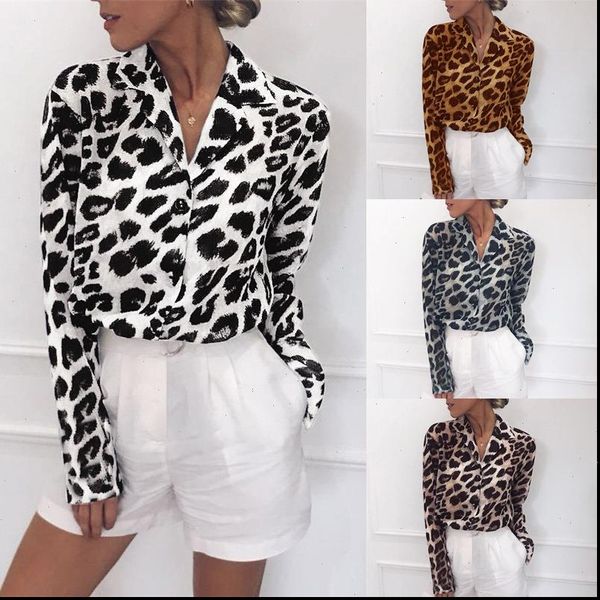 

women vintage blouse long sleeve leopard print turn down collar chiffon blouse lady office shirt casual loose 3xl, White