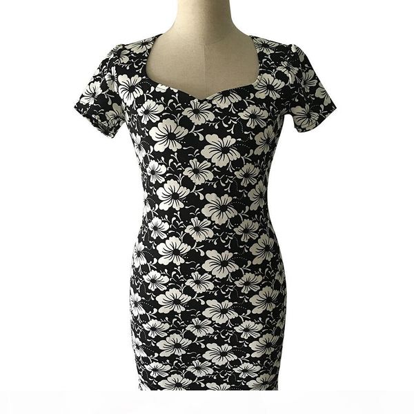 

womens elegant vintage floral flower print pinup stretch casual party bodycon fitted mermaid midi mid-calf dress, White;black