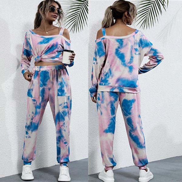 

sports two piece set spring autumn tie dye leaky shoulder sweater casual trousers 2 piece sets womens outfits, Gray