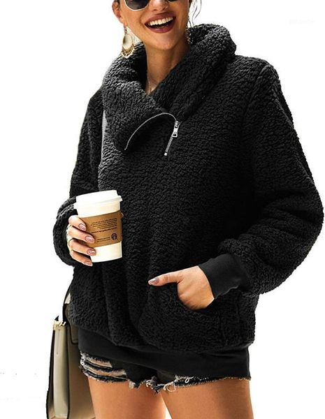 

unique nature womens oversized sherpa pullover with pockets turtleneck fuzzy fleece warm 1/4 zip sweatshirts1, Black