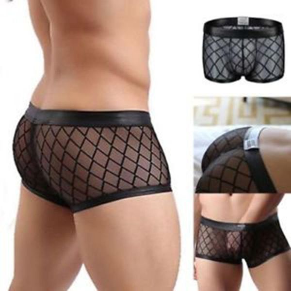 

breathable thin boxer black men mesh transparent see through u-convex underwear lingerie gay wear pants1, Black;white