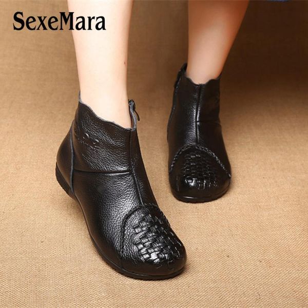 

sexemara genuine leather boots short plush warmful women's winter shoes black red weaving non-slip fashion zipper ladies boots