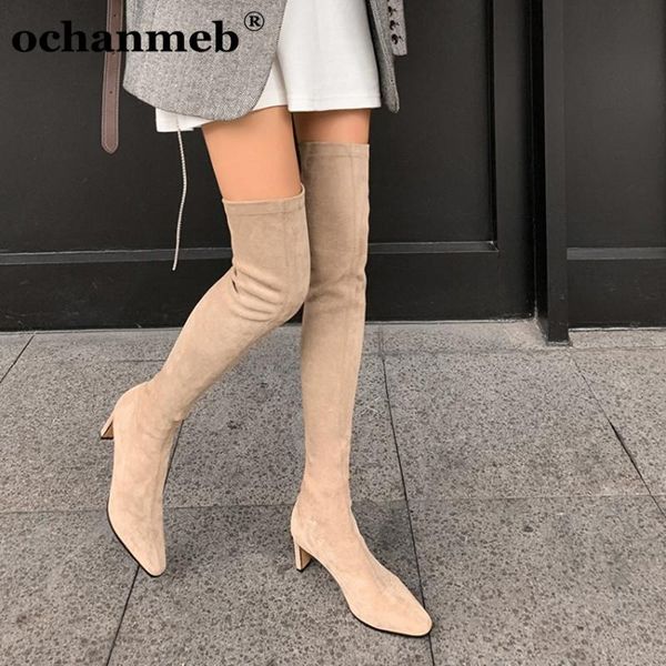 

ochanmeb big plus size 43 stretch suede over the knee high boots for women high heeled nude spring autumn winter long boots shoe, Black