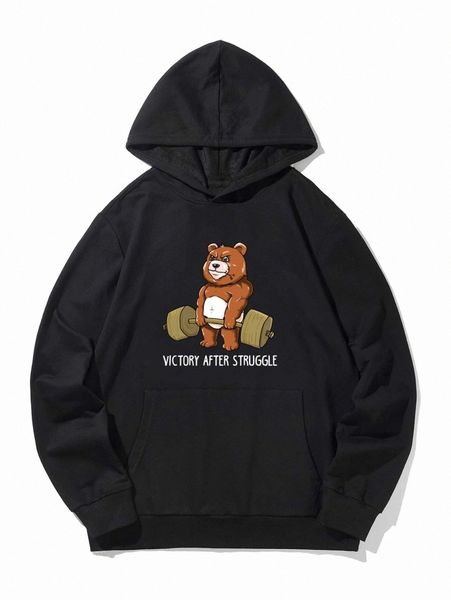 

romwe guys letter cartoon bear graphic kangaroo pocket hoodie h2rk#, Black