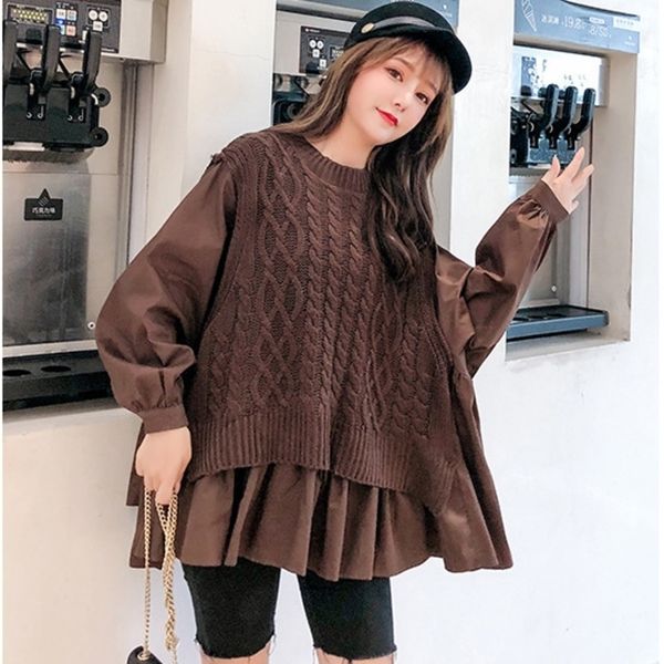 

[ewq] joint loose and plus-sized half-turtle-neck knitted coat autumn new fake piece sweater women's autumn laziness-style 201023, White;black